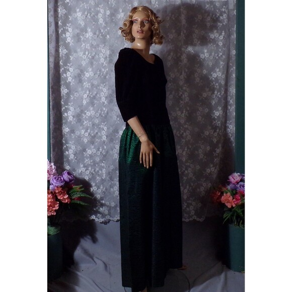Vintage 80s Holiday Gown Size Small 1980s Green Velvet & Faille Evening Couture - Picture 5 of 9
